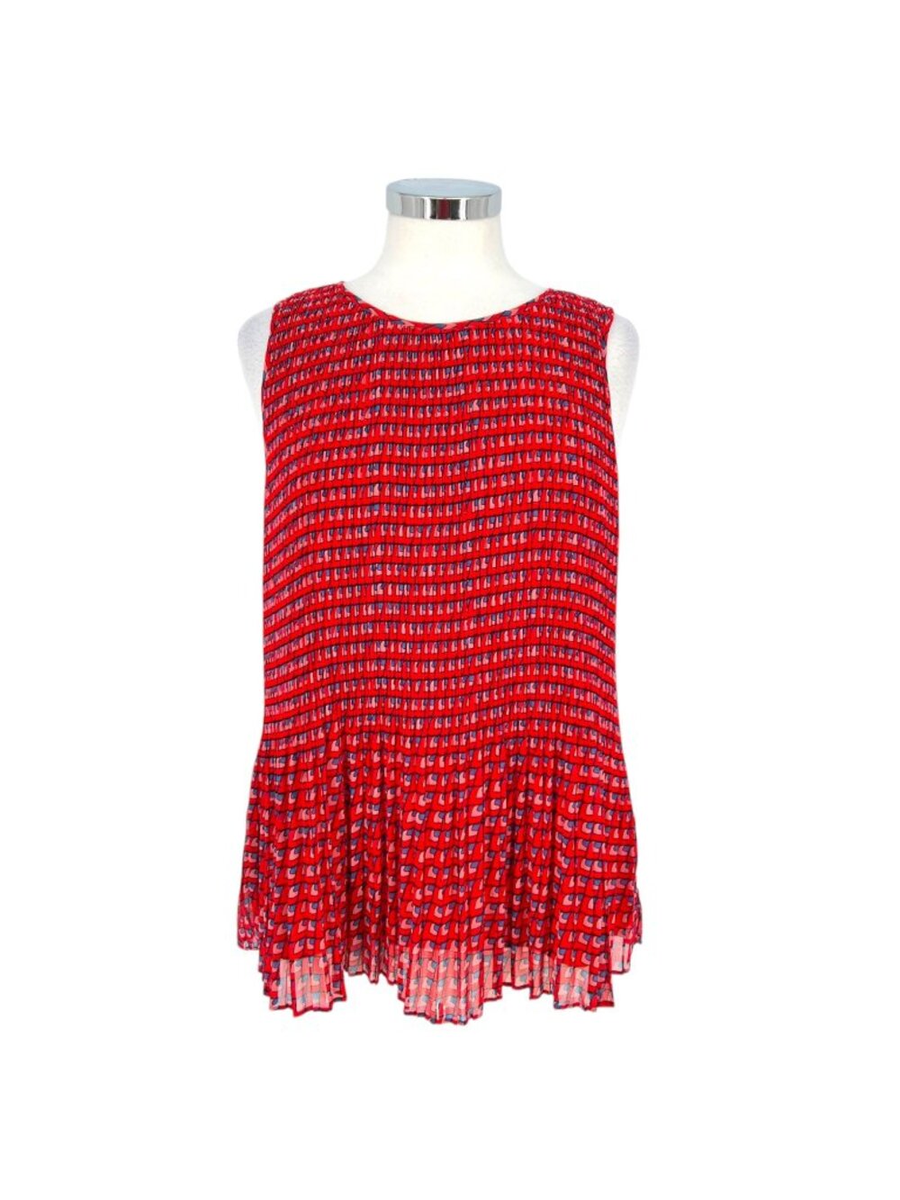 Halogen Pleated Sleeveless Printed Blouse Red Blue Size Medium